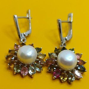 Natural Multi Color Tourmaline &  Pearl 925 Sterling Silver Earrings